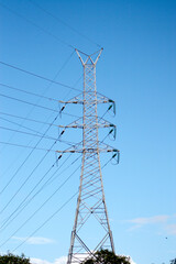 Electricity Transformer Power Pole and Cables with Blue Sky Isolated