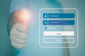 Businessmen use their thumbs to touch the fingerprint scanning system. Fingerprint scanner technology concept to verify identity.