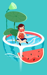 Child sitting in a pond and eating watermelon with lotus flowers and leaves in the background, vector illustration