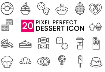 Dessert Food Pixel Perfect Icon Set with thin outline style. Easy to change color 