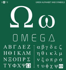 Greek alphabet and symbols, omega letter with pronunciation - obrazy, fototapety, plakaty
