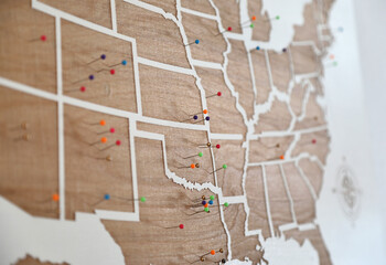 Wooden wall decoration as USA states map with colorful pins on it. - obrazy, fototapety, plakaty