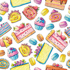 Desserts, macaroons, cupcakes on a white background. Seamless background with sweets. Watercolor pattern.