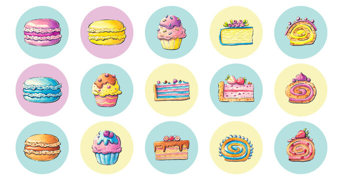 Sweets, desserts, a piece of cake on a colored background. Watercolor illustration. A set of icons for social networks.