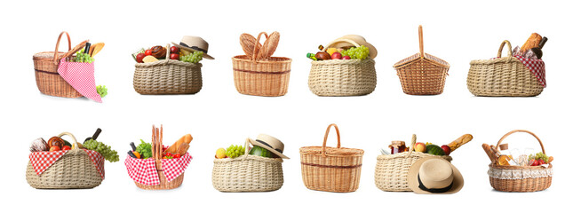 Set of wicker baskets for picnic on white background - obrazy, fototapety, plakaty