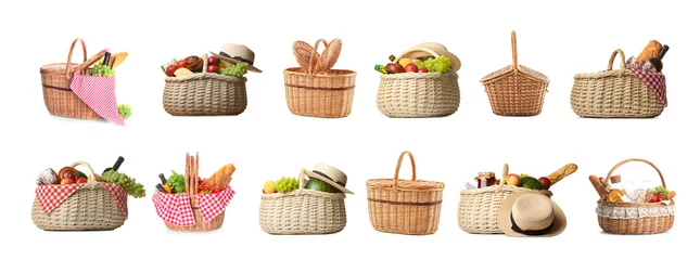 Cercles muraux Légumes frais Set of wicker baskets for picnic on white background