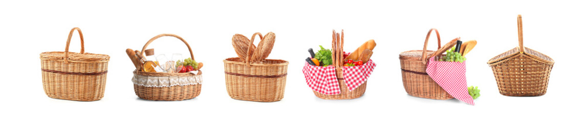 Set of wicker baskets for picnic on white background