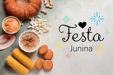 Beautiful greeting card for Festa Junina (June Festival) with traditional food