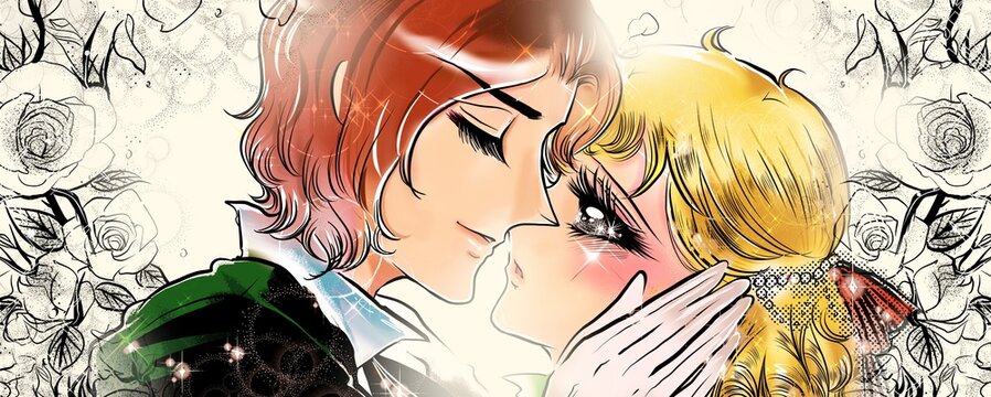 70年代少女漫画かっこいい王子様に急接近キスされる金髪縦ロールのお姫様イラストと薔薇背景 Stock Illustration Adobe Stock