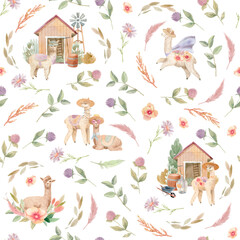 Seamless (surface) pattern with cute alpacas (llama) and floral elements.