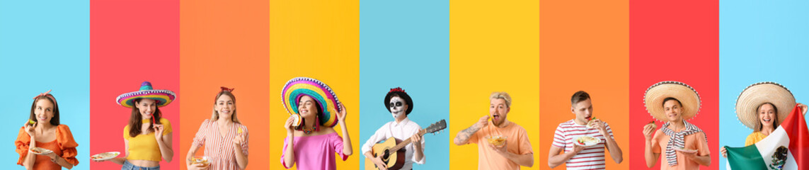 Group of young Mexican people on color background with space for text