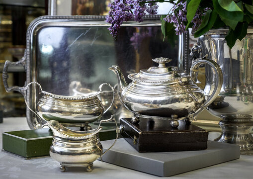 Old silver vintage antique royal 
dishes and appliances