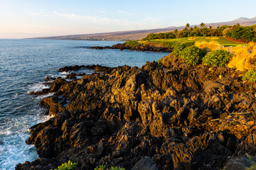 Golf Course Along the Volcanic Shoreline of Kaunaoa Bay, Hawaii Island, Hawaii, USA