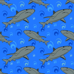 Shark on a blue background, marine seamless pattern, childish texture for design, wallpaper and tile, vector illustration
