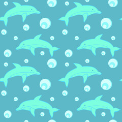 Children sea background. Dolphins and bubbles on blue background, seamless pattern, texture for design, wallpaper and tile, vector illustration