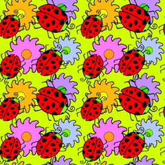 Ladybug and flowers on yellow background, summer seamless pattern, texture for design, wallpaper and tile, vector illustration