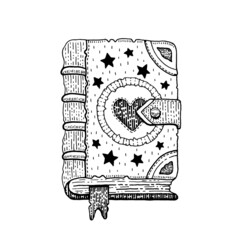 Witch book. Old magic vector. Spell book. Cartoon wicca icon of tutorial with horror, love, astrology, fairytale, recipe. Dark line art manuscript. Doodle fantasy parchment tattoo. © Olga Che