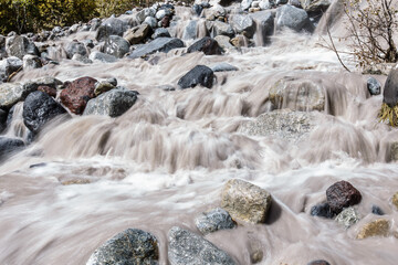 Powerful flow of mountain river water Caucasus Kabardino Balkaria
