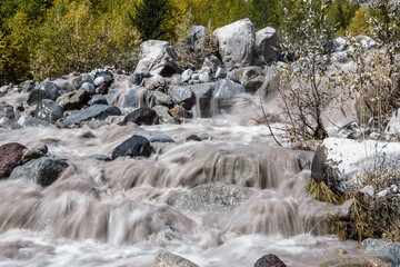 Powerful flow of mountain river water Caucasus Russia