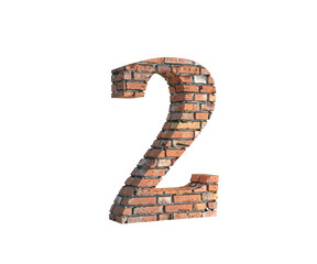 3d render of Alphabet Number Two, made of Brick. high resolution image for graphic design purposes 