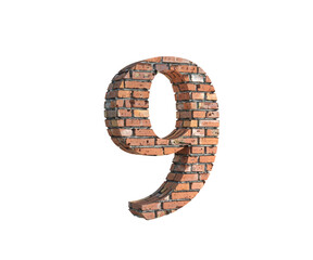 3d render of Alphabet Number Nine, made of Brick. high resolution image for graphic design purposes 