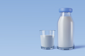 3d Vector High calcium and low sugar milk bottle and glass on blue, healthy drink concept