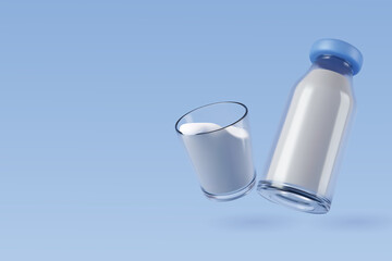 3d Vector High calcium and low sugar milk bottle and glass on blue, healthy drink concept