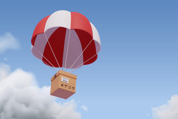 Brown parcel cardboard box with parachute, online delivery service or shipping and global logistic concept, quick and fast cargo shipment.