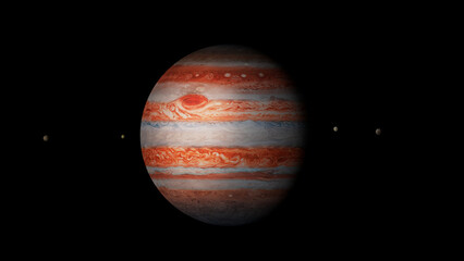 Jupiter and moons. Image elements furnished by NASA. 3d rendering illustration. Showing great red spot of the planet with Io, Callisto, Ganymede, and Europa. © Josh