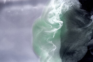 Green gray smoke on black ink background, colorful fog, abstract swirling touch ocean sea, acrylic paint pigment underwater © amixstudio