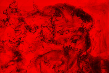 Black and red ink background, colorful fog, abstract swirling ocean, acrylic paint pigment underwater, dark smoke