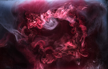 Black and red ink background, colorful fog, abstract swirling ocean, acrylic paint pigment underwater, white smoke © amixstudio