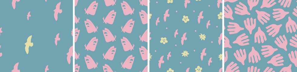 Fototapeta premium Collection of cute botanical seamless patterns. Spring summer illustrations