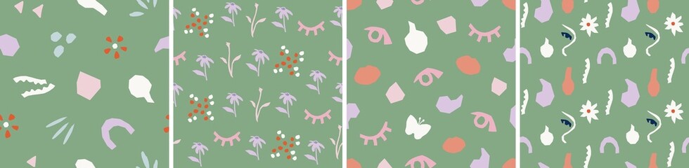 Set of floral vector seamless patterns. Bright abstract background