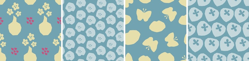 Collection of cute botanical seamless patterns. Spring summer illustrations