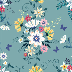 Fototapeta na wymiar Floral seamless background. Various flowers and leaves on a gray background.