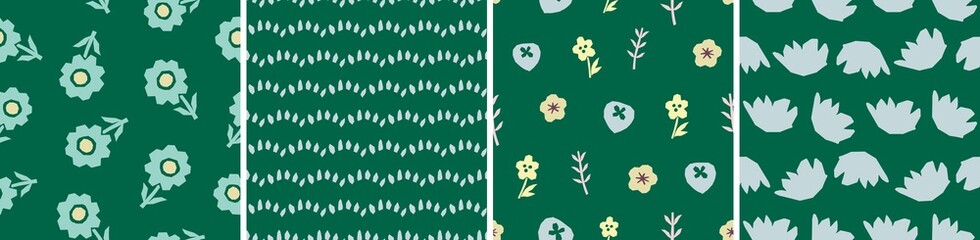 Collection of cute botanical seamless patterns. Spring summer illustrations