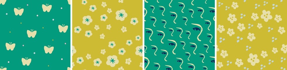Set of floral vector seamless patterns. Bright abstract background