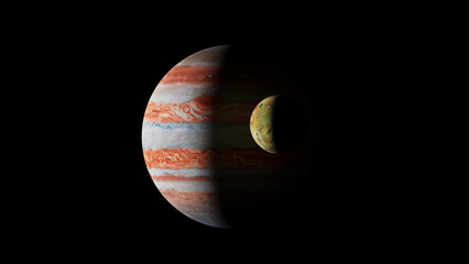 Jupiter and Io. 3d render. Showing the giant planet and the volcanic moon. High definition.