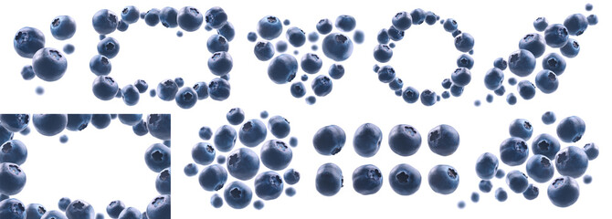 A set of photos. Ripe blueberries levitate on a white background
