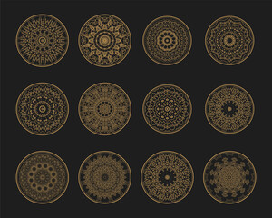 Collection of round fractal patterns with weave. Vector ornament in ethnic oriental style. Round pattern in form of mandala for Henna, Mehndi, tattoo, decoration. Vintage pattern collection in gold