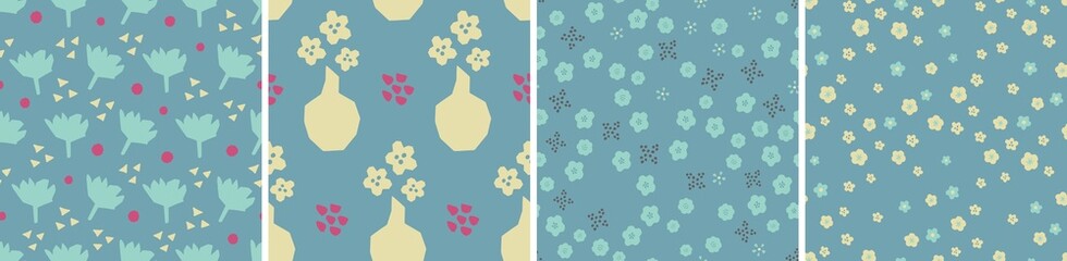 Fototapeta na wymiar Set of floral vector seamless patterns. Bright abstract background