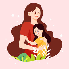 Mother and daughter hugging together with plants and landscape in the background, vector illustration