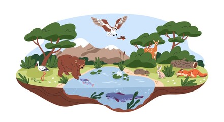 Ecosystem, biodiversity concept. Different forest habitats, carnivore animals, birds in wild environment, nature. Wildlife, fauna diversity. Flat vector illustration isolated on white background