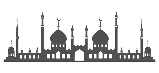 Mosque with minarets on skyline. Islamic architecture silhouette. Istanbul cityscape isolated on white background.