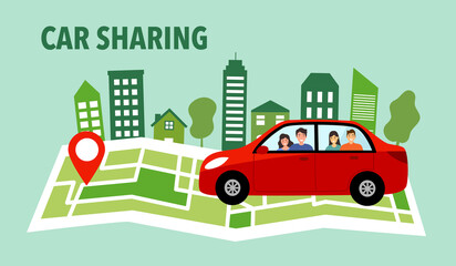 Car sharing service concept vector illustration. Men and women in car in flat design. Carpooling business. - obrazy, fototapety, plakaty