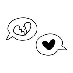 Broken and healed heart bubbles line art icon. Sad mental state after breakup, divorce therapy healing, bad feelings