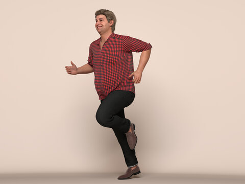 3D Render : Portrait of running  happy endomorph (overweight) male body type with smiling face