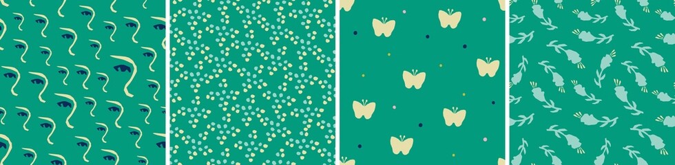 Collection of cute botanical seamless patterns. Spring summer illustrations