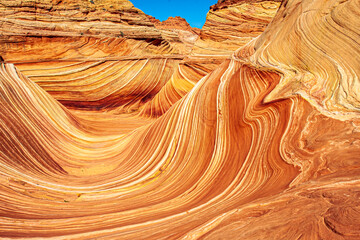 The geology of the region causes the abstract patterns of the rock walls of the Wave geologic formation in Arizona
